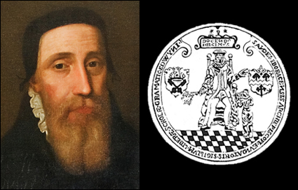 An image of a man with a beard on the left and a school seal showing a school master and a student on the right 